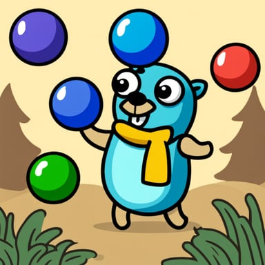 Go Blue Gopher successfully juggles 5 colored balls.