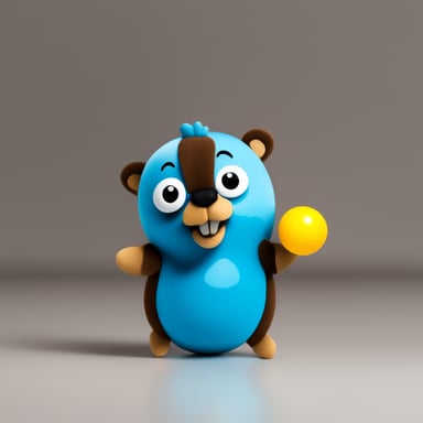 Go Blue Gopher on the floor juggling 3 colored balls.
