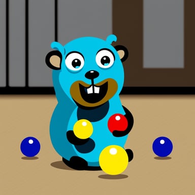 Go Blue Gopher on the floor juggling 3 colored balls.