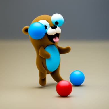 Go Blue Gopher on the floor juggling 3 colored balls.