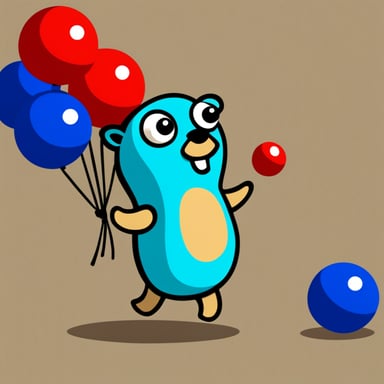 Go Blue Gopher on the floor juggling 3 colored balls.