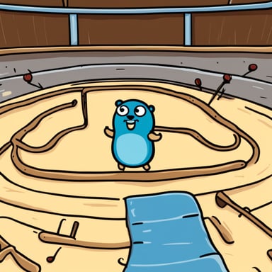 A go blue gopher, filled with determination, faces a challenging obstacle course.