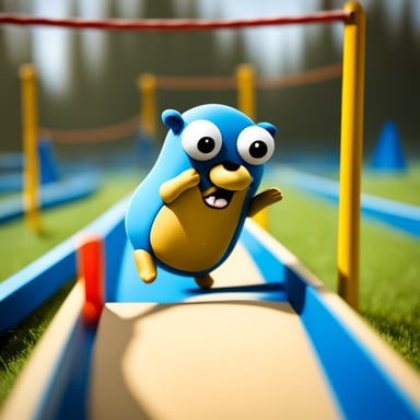 A go blue gopher, filled with determination, faces a challenging obstacle course.
