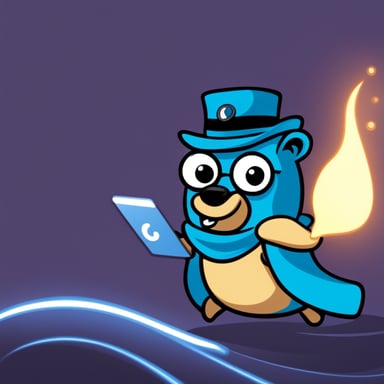 Go Blue Gopher flowing through Linux development with Vim flow.