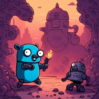 A go blue gopher fighting an evil robot with a dystopic background.