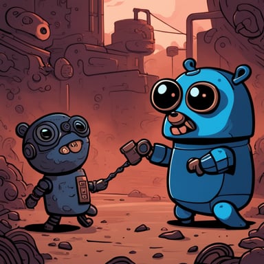 A go blue gopher fighting an evil robot with a dystopic background.