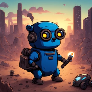 A go blue gopher fighting an evil robot with a dystopic background.