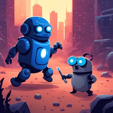 A go blue gopher fighting an evil robot with a dystopic background.