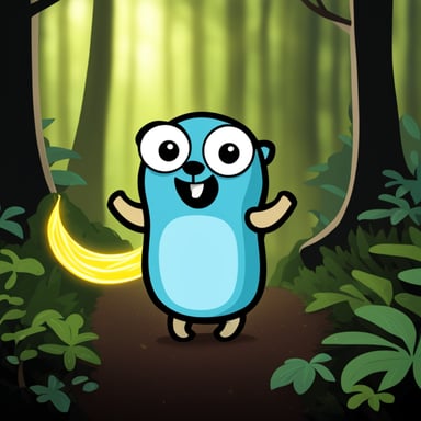 A go blue gopher dancing in a dark forest.