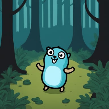 A go blue gopher dancing in a dark forest.