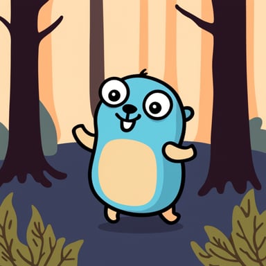 A go blue gopher dancing in a dark forest.