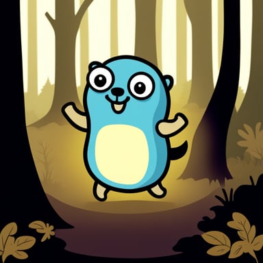 A go blue gopher dancing in a dark forest.