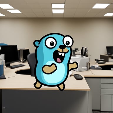Go Blue Gopher smashing a monitor in the office.