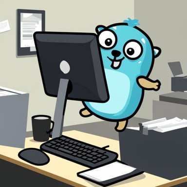 Go Blue Gopher smashing a monitor in the office.