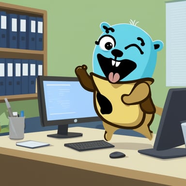 Go Blue Gopher smashing a monitor in the office.