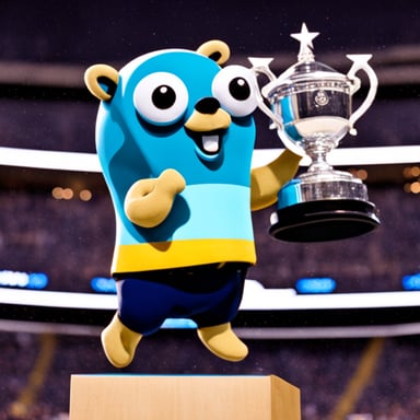 Go blue gopher raising a championship cup.