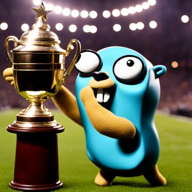 Go Blue Gopher raising a championship cup, no clothes, no glasses.