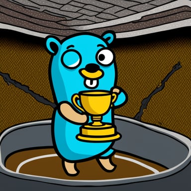 Go Blue Gopher raising a championship cup, no clothes, no glasses.
