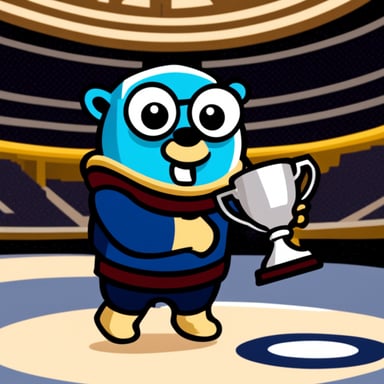 Go Blue Gopher raising a championship cup, no clothes, no glasses.