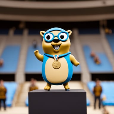 Go Blue Gopher stands on a podium in first place, wearing a gold medal, with no clothes or glasses.