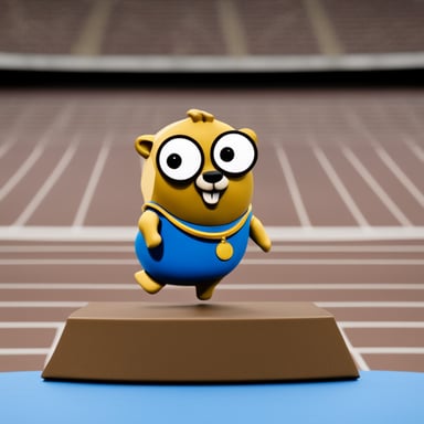 Go Blue Gopher stands on a podium in first place, wearing a gold medal, with no clothes or glasses.