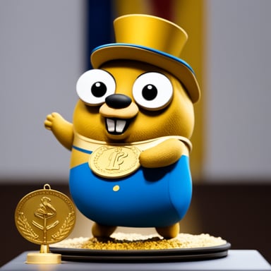 Go Blue Gopher stands on a podium in first place, wearing a gold medal, with no clothes or glasses.