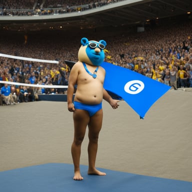 Go Blue Gopher secures first place, sans clothes, sans glasses.