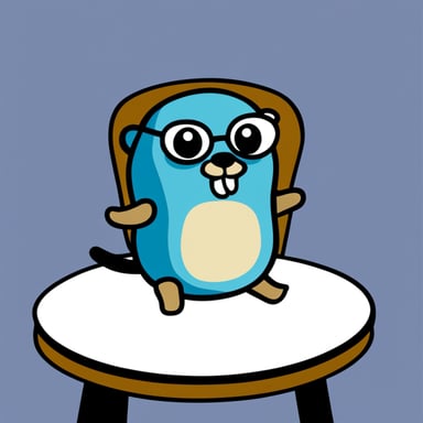 Go Blue Gopher sat in a blue chair, answering a corded telephone that rested on a light-colored table to its left. Go Blue Gopher is male, has brown hair, wears glasses, has a mustache, and is wearing a striped jumper.