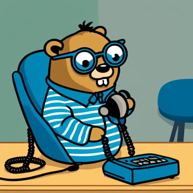 Go Blue Gopher sat in a blue chair, answering a corded telephone that rested on a light-colored table to its left. Go Blue Gopher is male, has brown hair, wears glasses, has a mustache, and is wearing a striped jumper.
