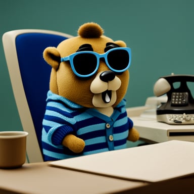 Go Blue Gopher sat in a blue chair, answering a corded telephone that rested on a light-colored table to its left. Go Blue Gopher is male, has brown hair, wears glasses, has a mustache, and is wearing a striped jumper.