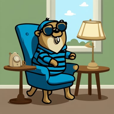 Go Blue Gopher sat in a blue chair, answering a corded telephone that rested on a light-colored table to its left. Go Blue Gopher is male, has brown hair, wears glasses, has a mustache, and is wearing a striped jumper.