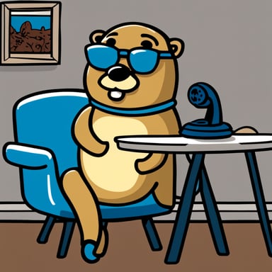 Go Blue Gopher sat in a blue chair, answering a corded telephone that rested on a light-colored table to its left. Go Blue Gopher is male, has brown hair, wears glasses, has a mustache, and is wearing a striped jumper.