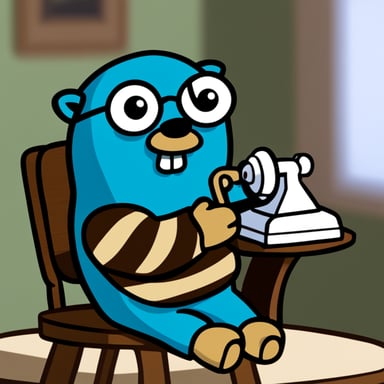 Go Blue Gopher sat in a blue chair, answering a corded telephone that rested on a light-colored table to its left. Go Blue Gopher is male, has brown hair, wears glasses, has a mustache, and is wearing a striped jumper.