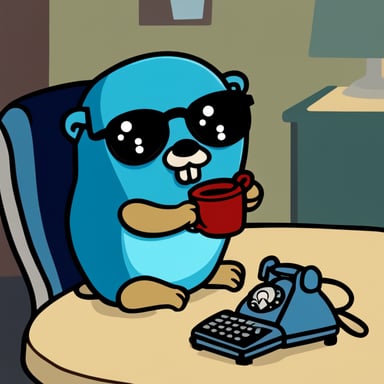 Go Blue Gopher sat in a blue chair, answering a corded telephone that rested on a light-colored table to its left. Go Blue Gopher is male, has brown hair, wears glasses, has a mustache, and is wearing a striped jumper.