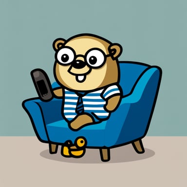 Go Blue Gopher sat in a blue chair, answering a corded telephone that rested on a light-colored table to its left. Go Blue Gopher is male, has brown hair, wears glasses, has a mustache, and is wearing a striped jumper.