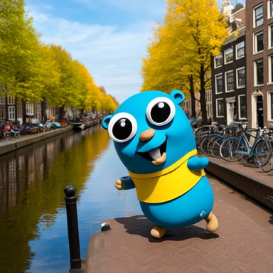 Go Blue Gopher enjoys a scenic tour along the Amsterdam canal.