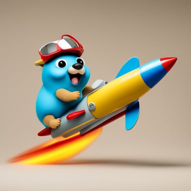 Happy go blue gopher riding on a rocket in front of a white background