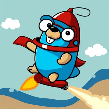 Happy go blue gopher riding on a rocket in front of a white background