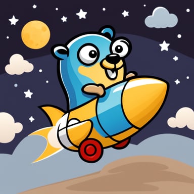 Happy go blue gopher riding on a rocket in front of a white background
