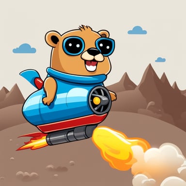 Happy go blue gopher riding on a rocket in front of a white background