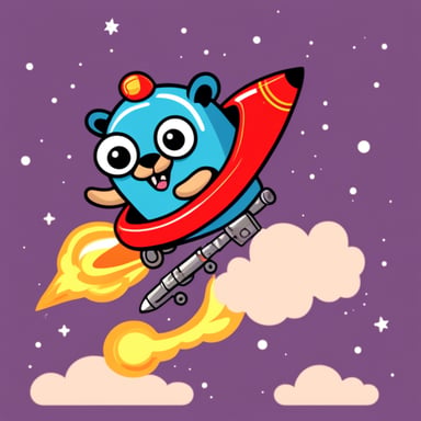 Happy Go Blue Gopher riding on a rocket