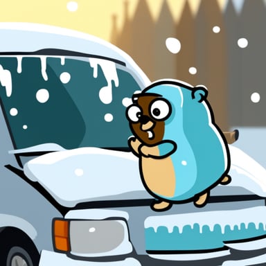 Go Blue Gopher is scraping ice off a car windshield.