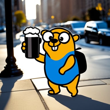 Go Blue Gopher drinking beer in the city from a beer mug.