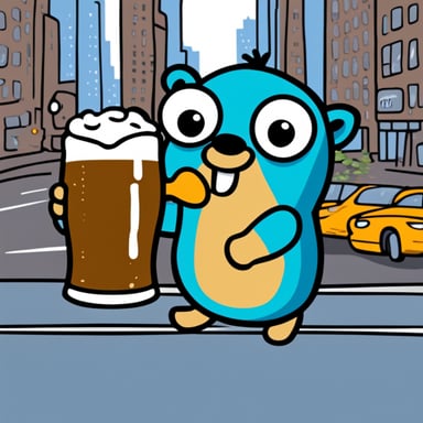Go Blue Gopher drinking beer in the city from a beer mug.