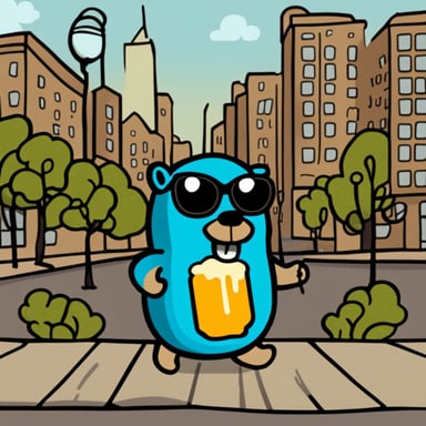 Go Blue Gopher drinking beer in the city from a beer mug.