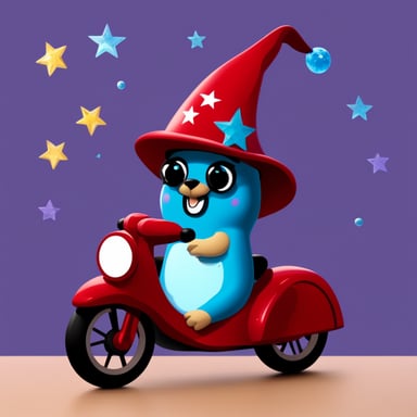 Go Blue Gopher with holographic eyes, a wizard hat, and riding a red bike.