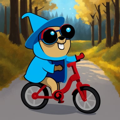 Go Blue Gopher with holographic eyes, a wizard hat, and riding a red bike.