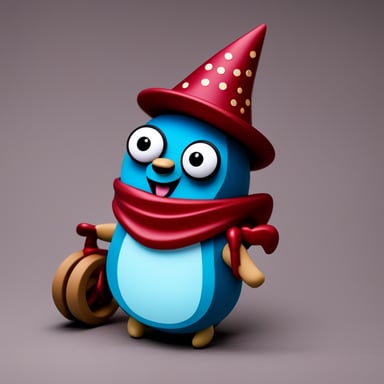Go Blue Gopher with holographic eyes, a wizard hat, and riding a red bike.