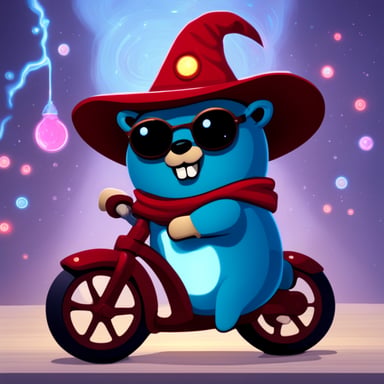 Go Blue Gopher with holographic eyes, a wizard hat, and riding a red bike.