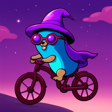 Go Blue Gopher with holographic eyes, a purple wizard hat, and riding a red bike.